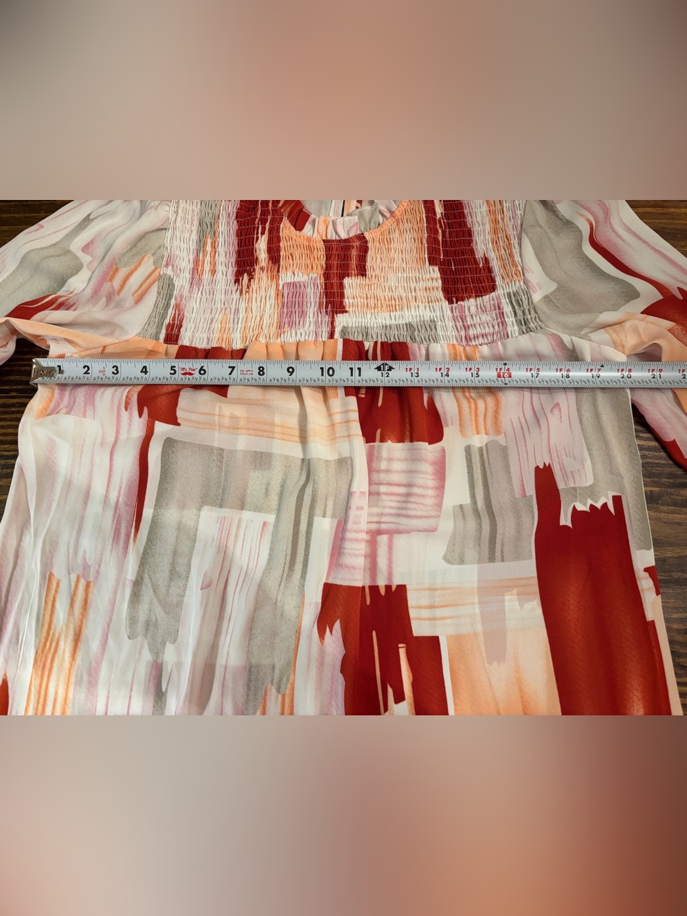 C+D+M Women’s Large Abstract Print Smocked Blouse Bell Sleeve Top NWT - Picture 9 of 14
